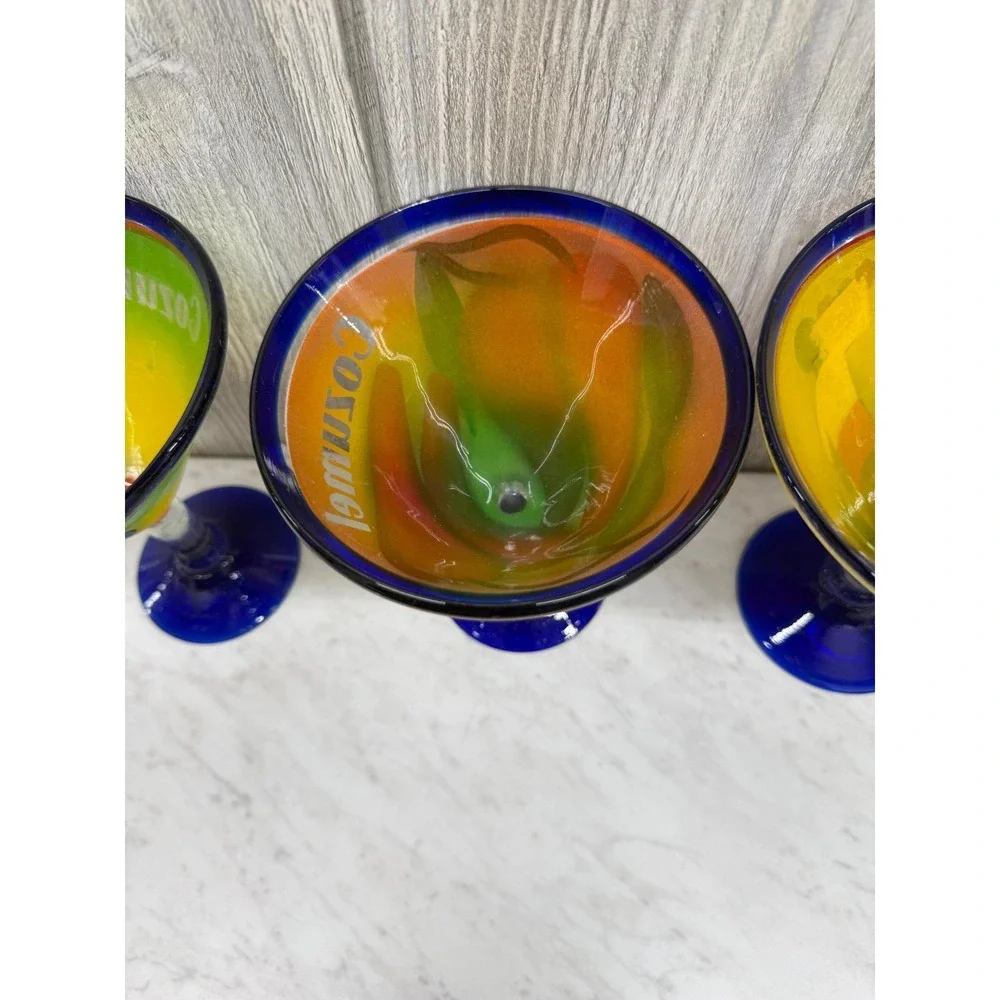 Set of 4 Hand Painted Mexican Martini Glasses Cozumel Cobalt Blue Rim 7in